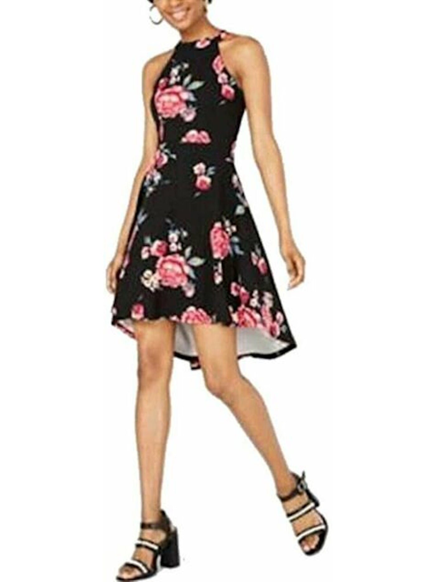 CRAVE FAME Womens Black Zippered Floral Sleeveless Halter Party Hi-Lo Dress Juniors 2XS