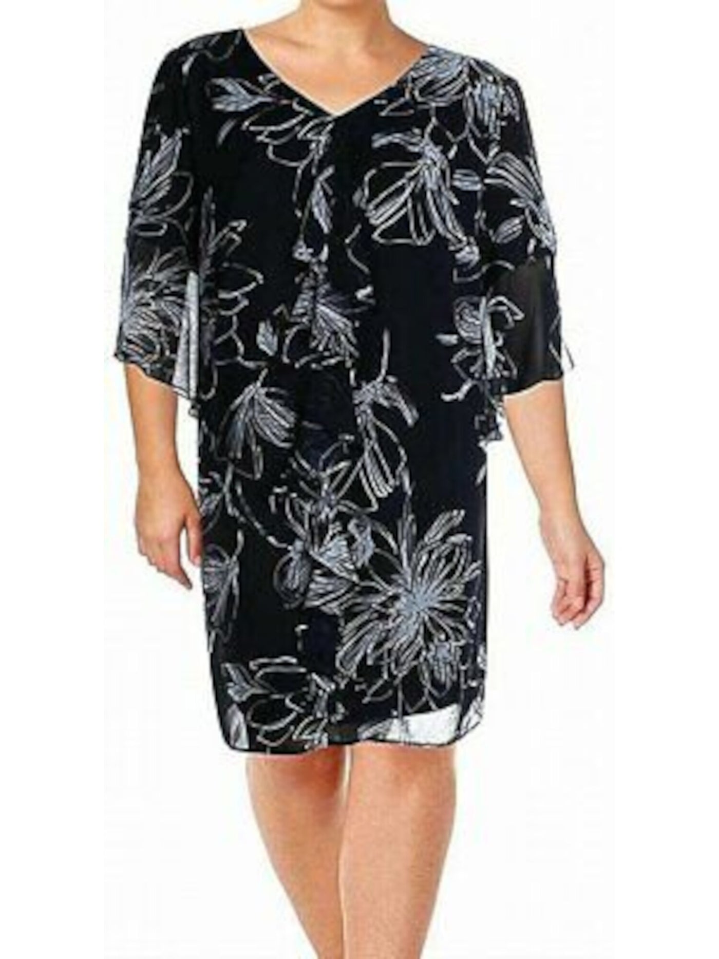 CONNECTED APPAREL Womens Navy Sheer Ruffled Printed V Neck Knee Length Wear To Work Dress Plus 22W