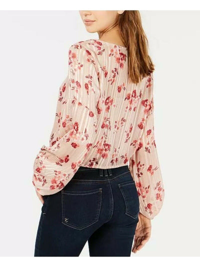 CRAVE FAME Womens Pink Floral Long Sleeve Scoop Neck Blouse Juniors Size: M