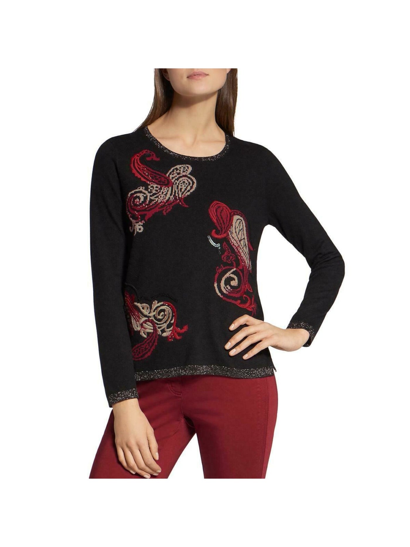 BASLER Womens Black Paisley Long Sleeve Jewel Neck Sweater Size: 22