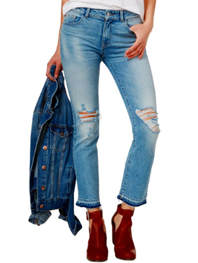 DL1961 Womens Blue Denim Pocketed Zippered Instasculpt Ankle Frayed Straight leg Jeans 25 Waist