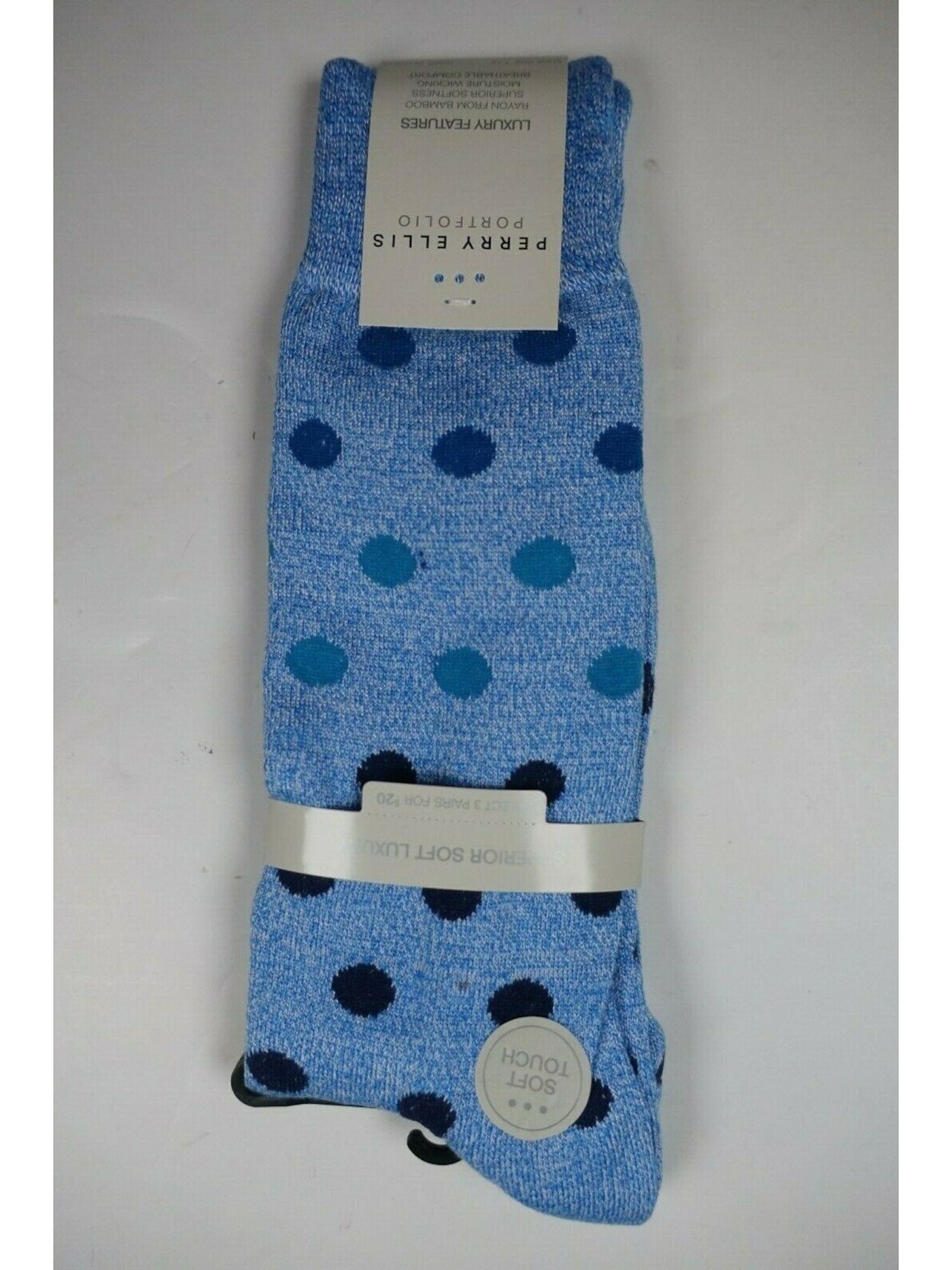 PERRY ELLIS Light Blue/Medium Blue Rayon Polka Dot Moisture Wicking Soft Touch Dress Crew Socks 7-12