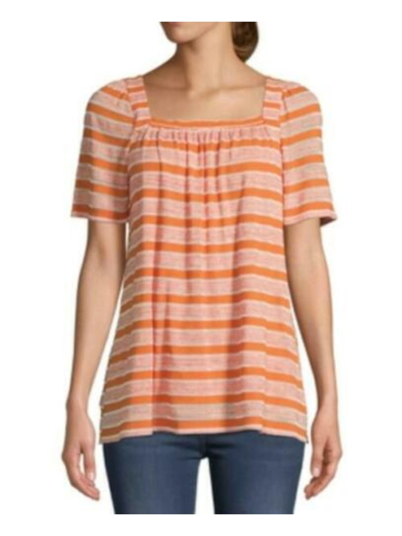 JOHN PAUL RICHARD Womens Orange Pleated Striped Short Sleeve Square Neck Top M