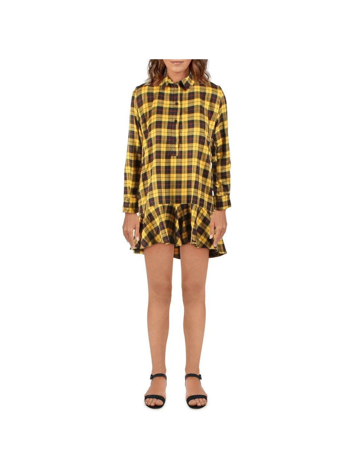 AQUA Womens Yellow Flannel Long Sleeve Collared Short Shirt Dress Size: M