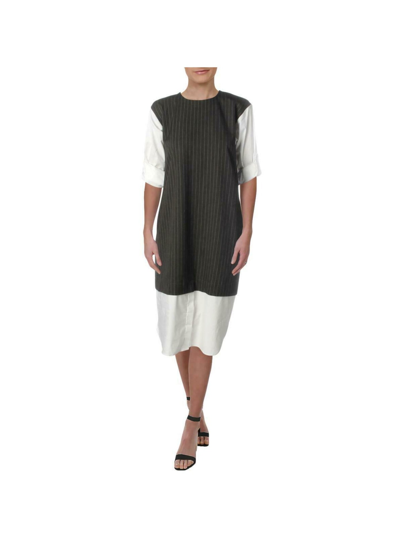 DKNY Womens Gray Color Block Short Sleeve Jewel Neck Midi Shift Dress Size: XS