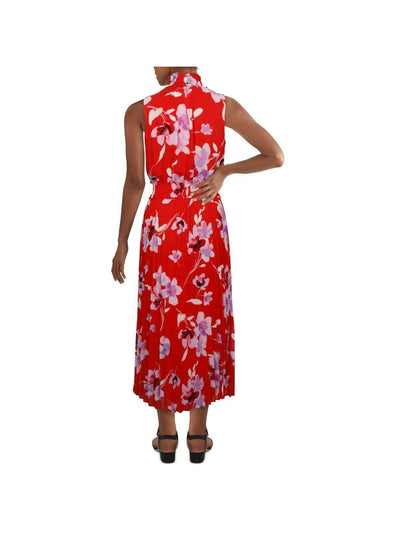 CALVIN KLEIN Womens Red Pleated Smocked Neckline And Waistband Lined Floral Sleeveless Mock Neck Below The Knee Party Fit + Flare Dress S