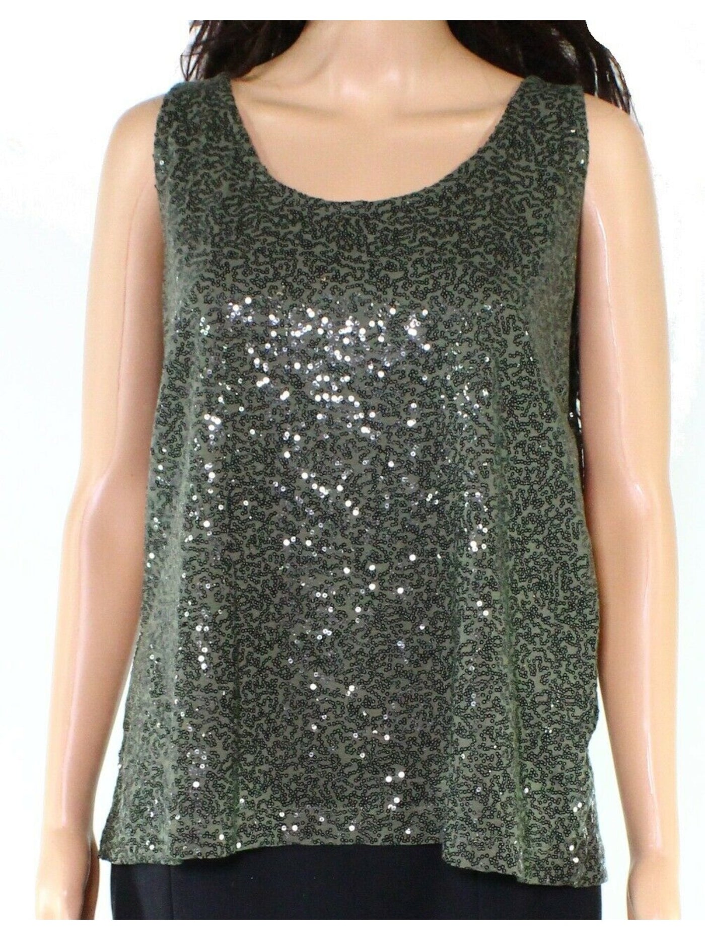 DKNY Womens Green Stretch Sequined Sleeveless Scoop Neck Evening Tank Top XS