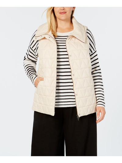 EILEEN FISHER Womens Beige Pocketed Zippered Quilted Buttoned Sleeveless Stand Collar Vest Top Plus 1X