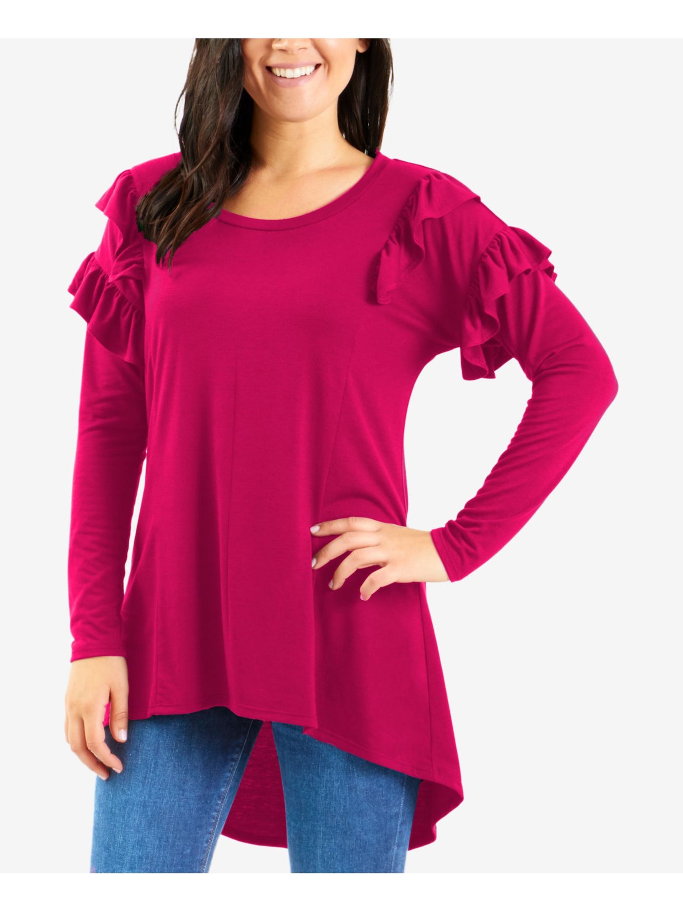 NY COLLECTION Womens Pink Ruffled Long Sleeve Jewel Neck Top S