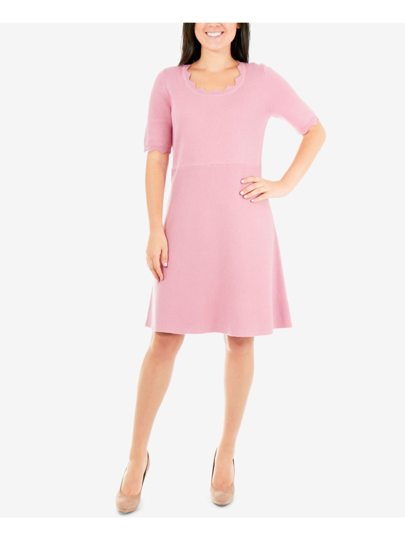 NY COLLECTION Womens Pink Scalloped Sweater Short Sleeve Scoop Neck Above The Knee Party Fit + Flare Dress Petites PS