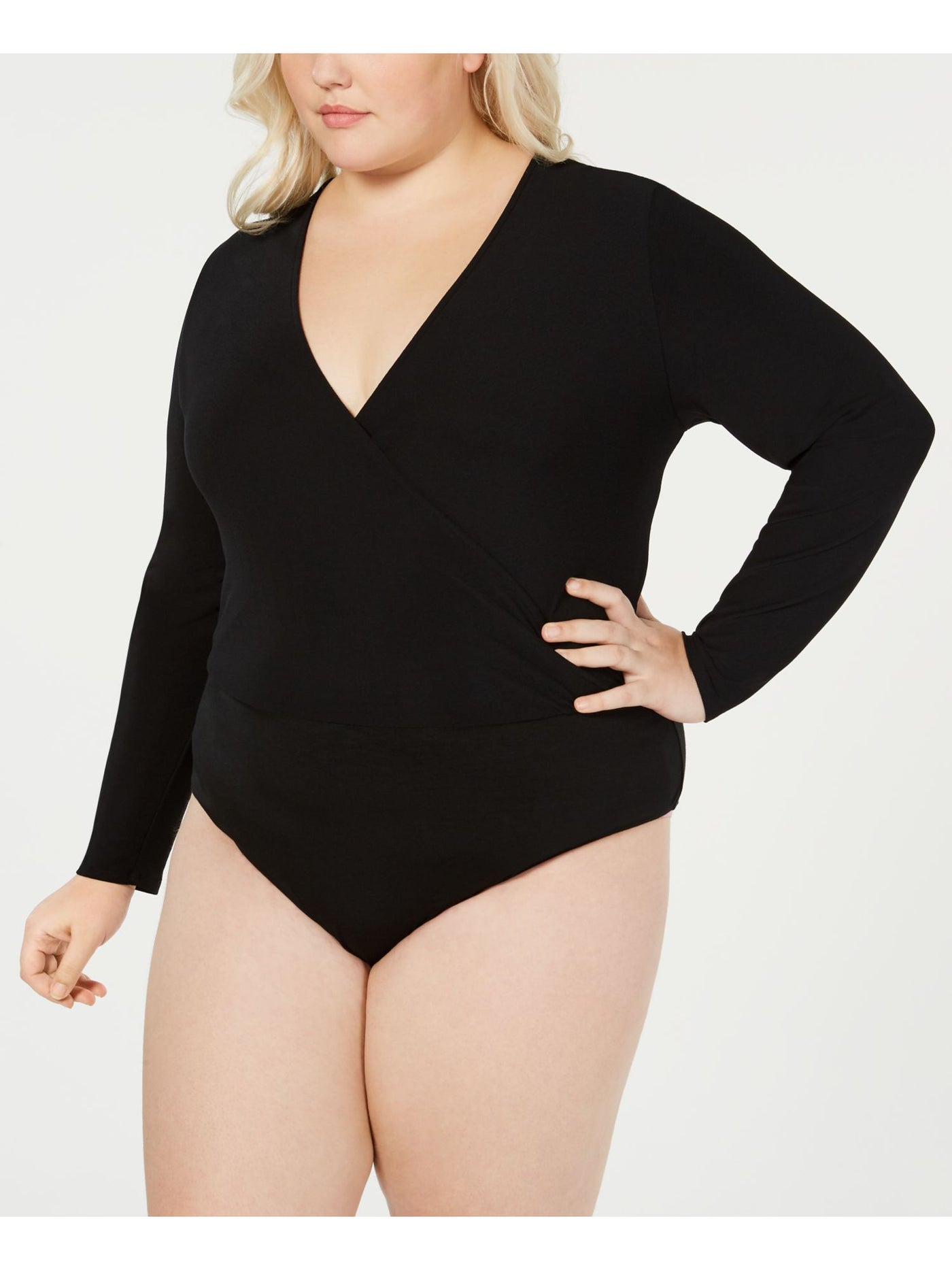 INC Womens Black Surplice Long Sleeve Bodysuit Plus Size: 1X