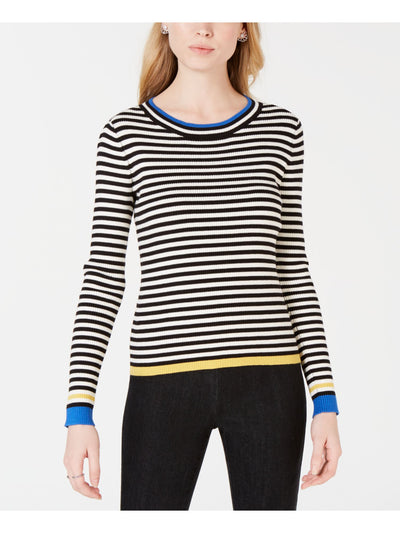 MAISON JULES Womens Black Striped Long Sleeve Jewel Neck Sweater Size: XXS
