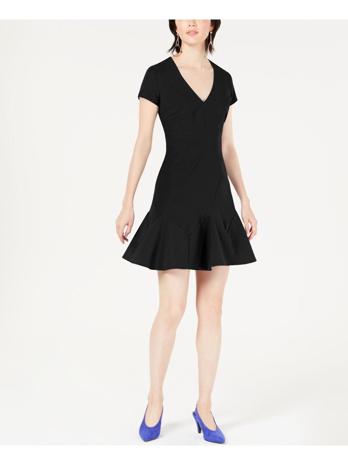 BAR III Womens Black Zippered Short Sleeve V Neck Short Evening Fit + Flare Dress 2