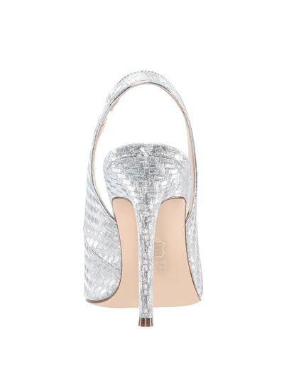 NINA Womens Silver Elastic Shimmering Padded Dalisha Pointed Toe Stiletto Slip On Leather Dress Slingback 5 M