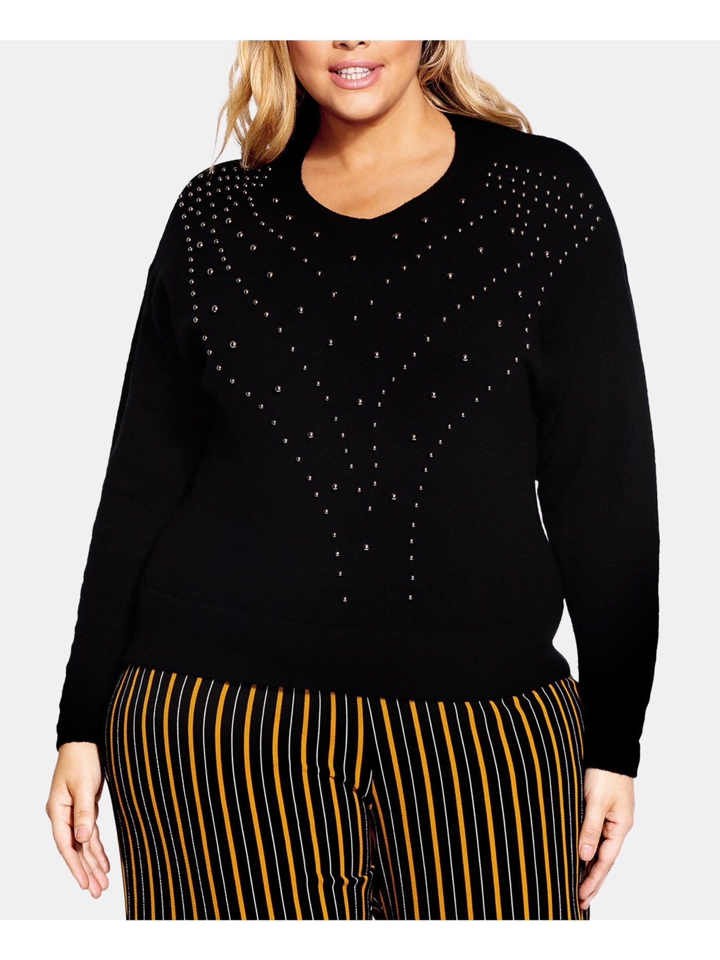 CITY CHIC Womens Black Embellished Long Sleeve Crew Neck Wear To Work Sweater S