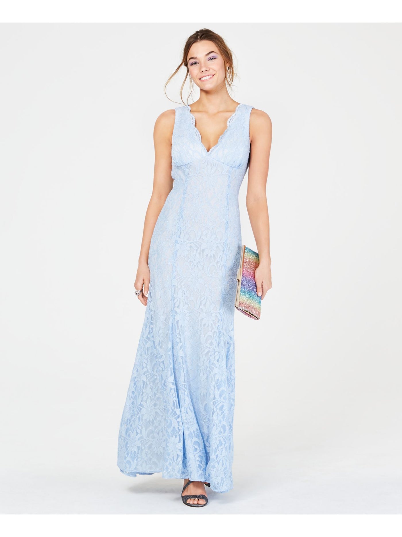 MORGAN & CO Womens Light Blue Lace Open-back Sleeveless V Neck Maxi Prom Mermaid Dress Juniors 11