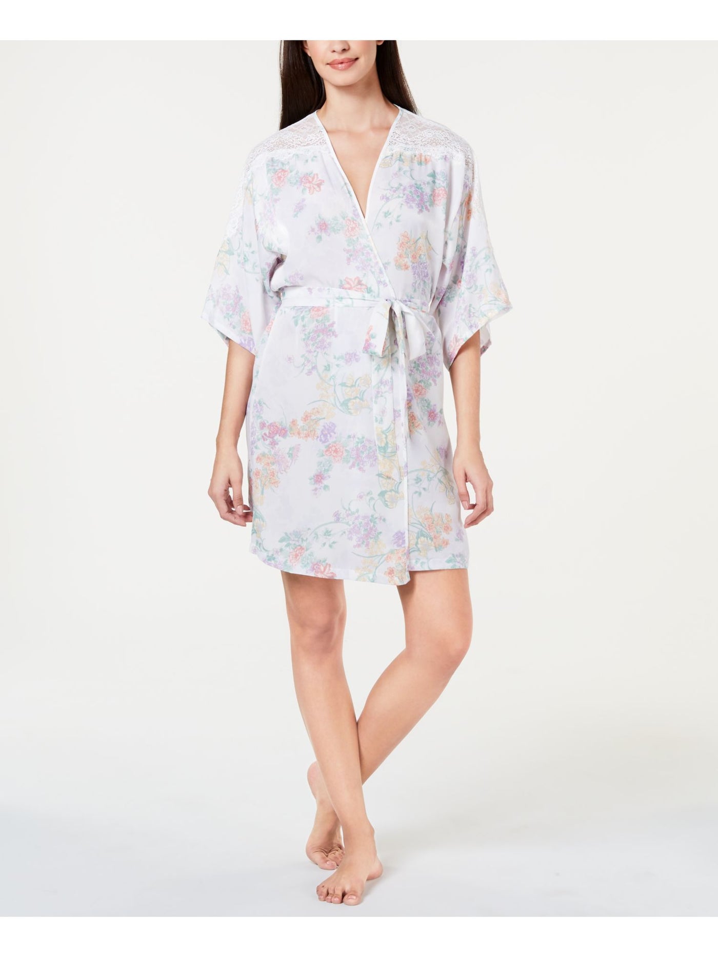 LINEA DONATELLA Intimates White Lace Trim Floral Sleepwear Robe Size: S