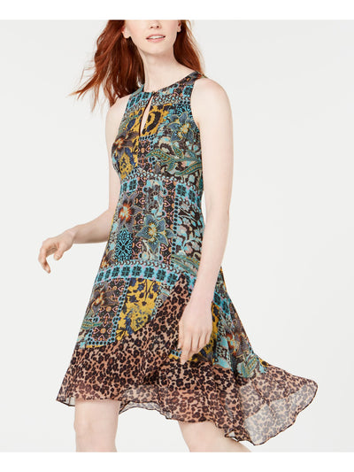 NANETTE LEPORE Womens Aqua Printed Sleeveless Keyhole Knee Length Dress Size: 4