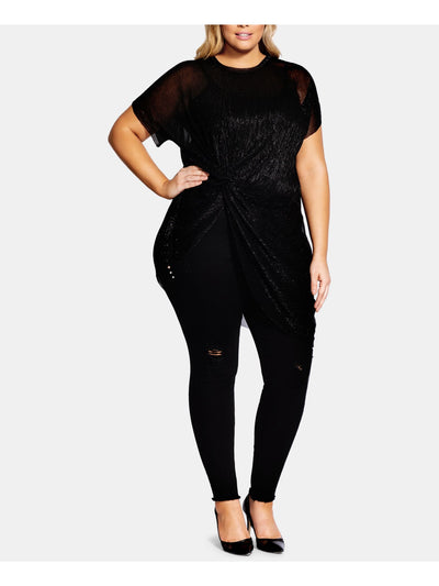 CITY CHIC Womens Black Stretch Sheer Ribbed Metallic Twist-front Short Sleeve Crew Neck Tunic Top Plus S\16
