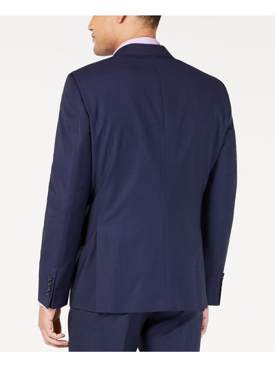 DKNY Mens Navy Single Breasted Windowpane Plaid Wool Blend Blazer Jacket 46 LONG
