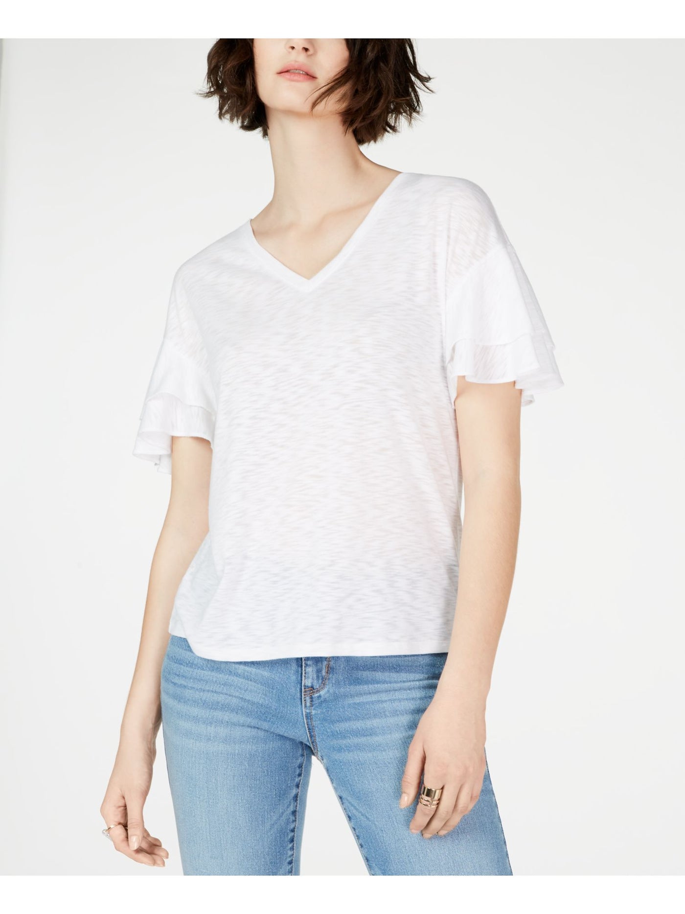 INC Womens White Ruffled Short Sleeve V Neck T-Shirt Size: S