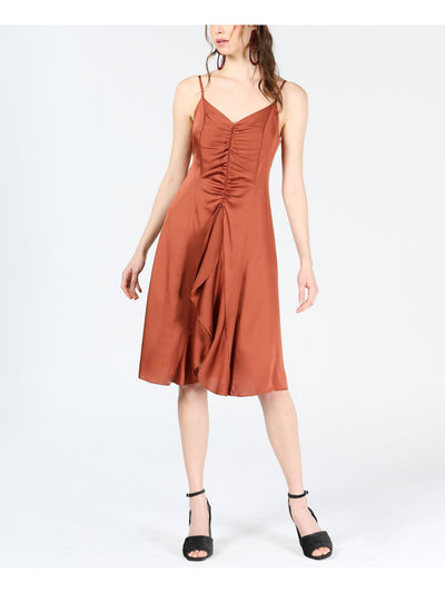 BAR III Womens Brown Ruffled Spaghetti Strap V Neck Below The Knee Party Fit + Flare Dress 2XS
