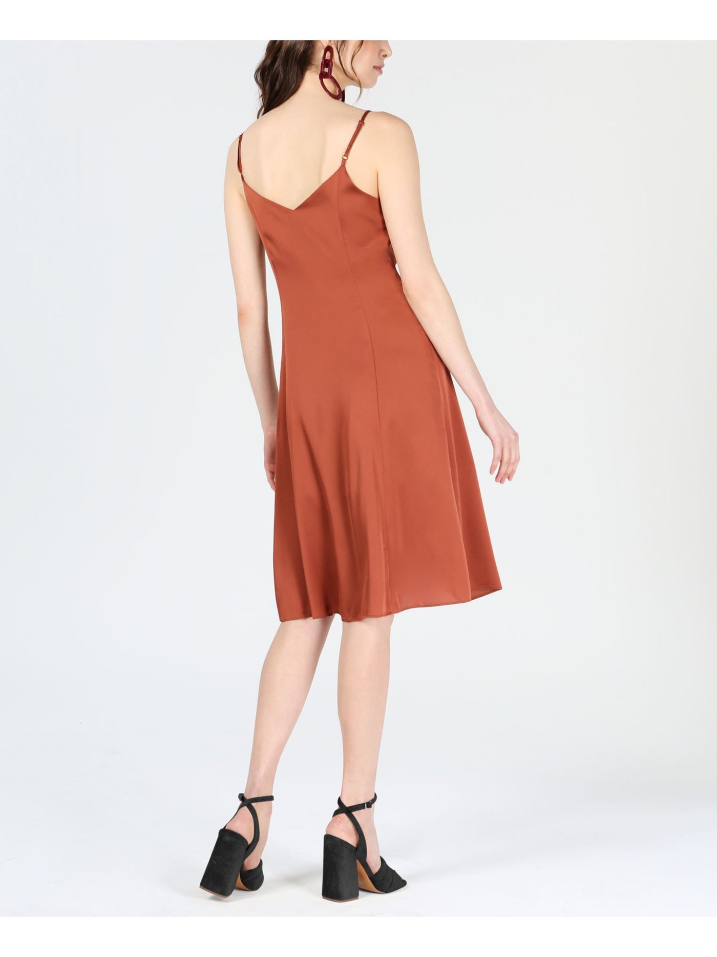BAR III Womens Brown Ruffled Spaghetti Strap V Neck Below The Knee Party Fit + Flare Dress 2XS