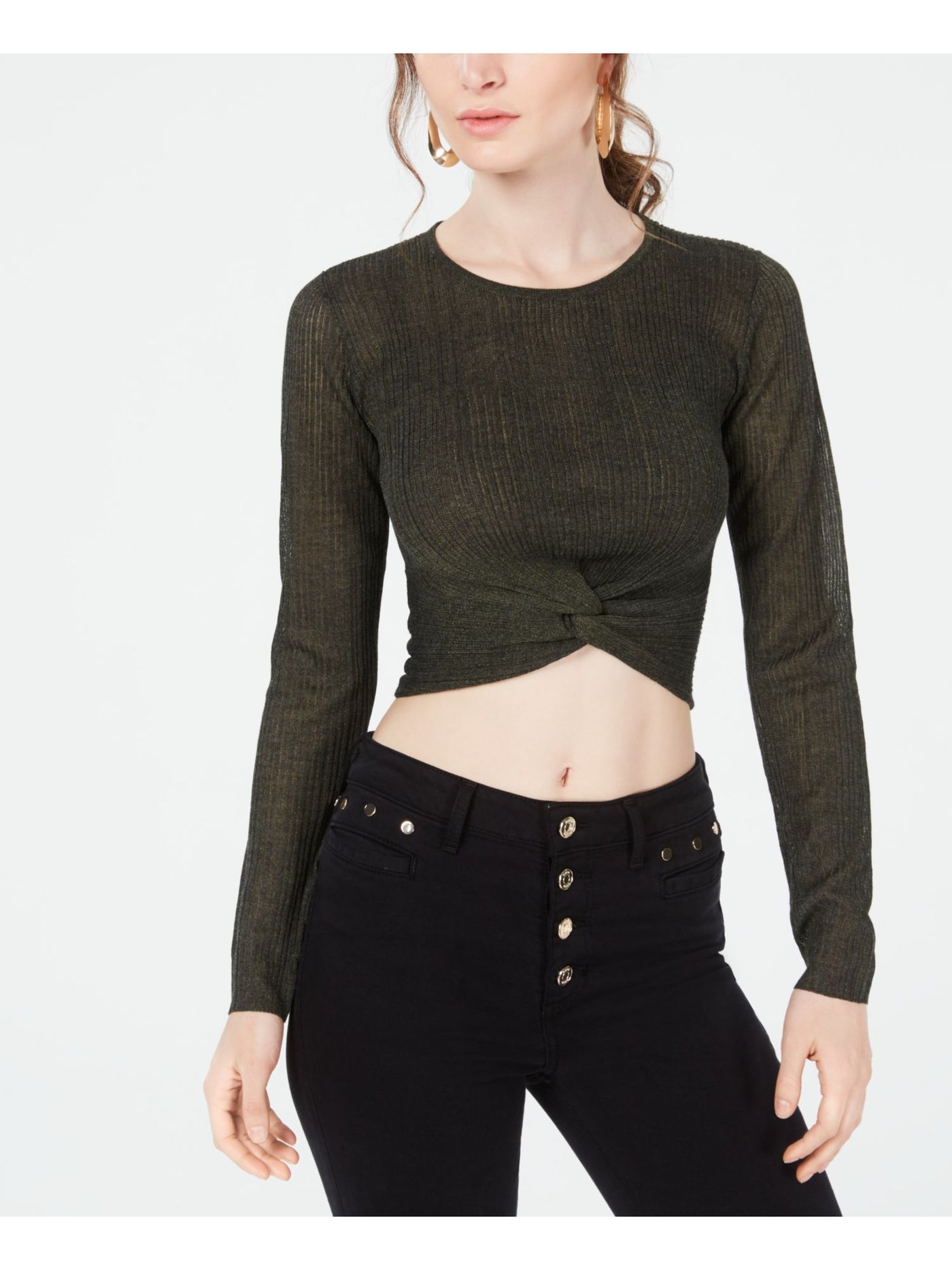GUESS Womens Green Twist-front Long Sleeve Jewel Neck Crop Top Size: XL