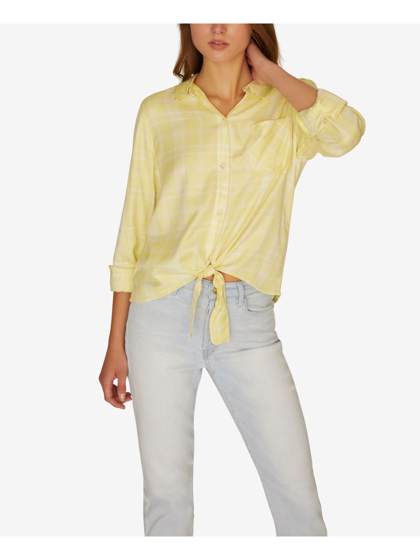 SANCTUARY Womens Yellow Pocketed Tie Front Plaid Long Sleeve Collared Button Up Top L