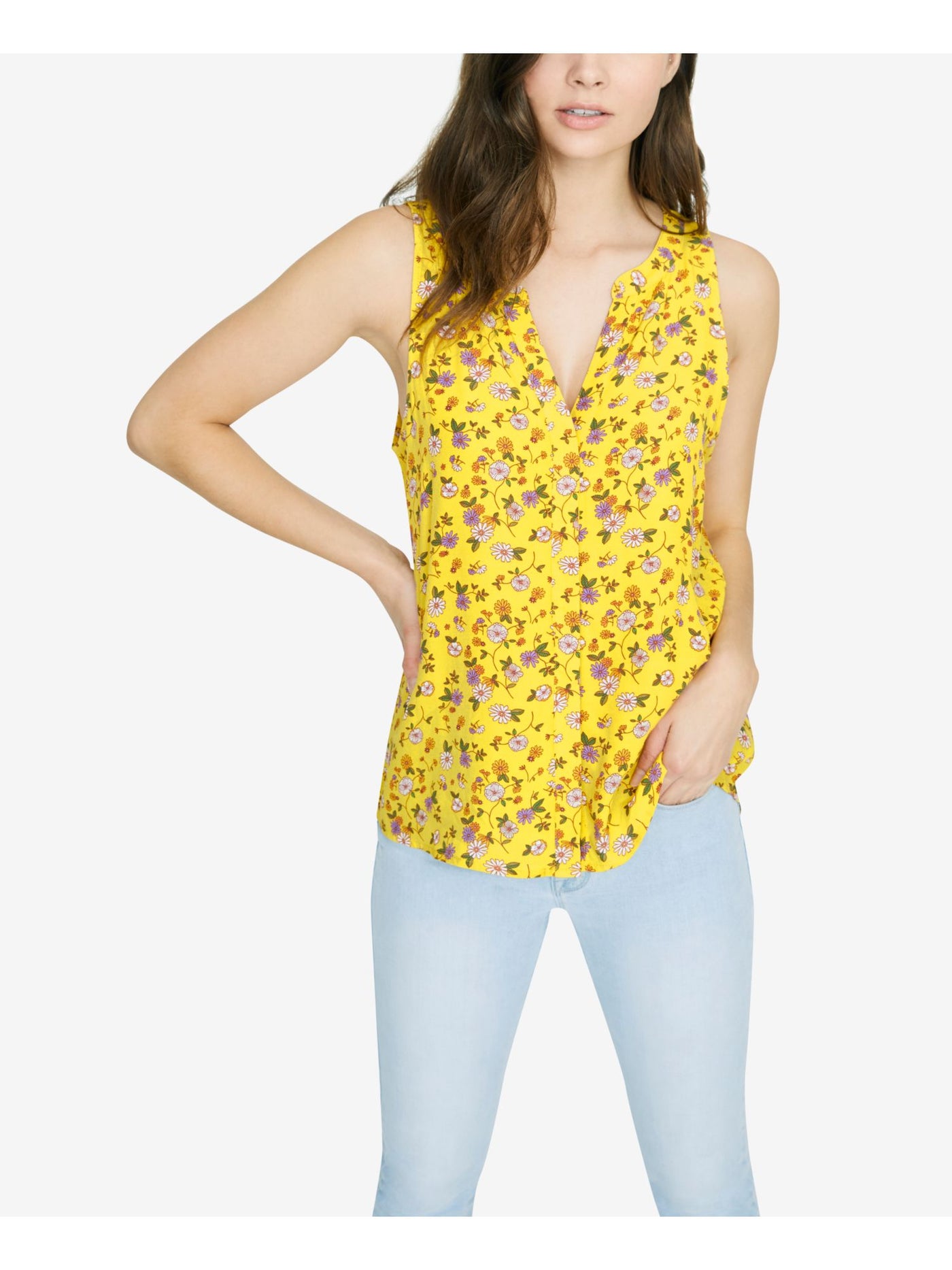 SANCTUARY Womens Yellow Button Up Floral Sleeveless V Neck Hi-Lo Top XXL