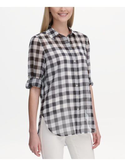 CALVIN KLEIN Womens Gray Gingham Roll-tab Sleeve Collared Button Up Top S