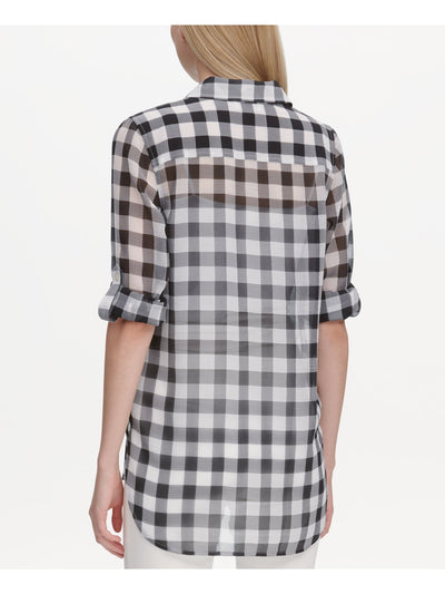 CALVIN KLEIN Womens Gray Gingham Roll-tab Sleeve Collared Button Up Top S