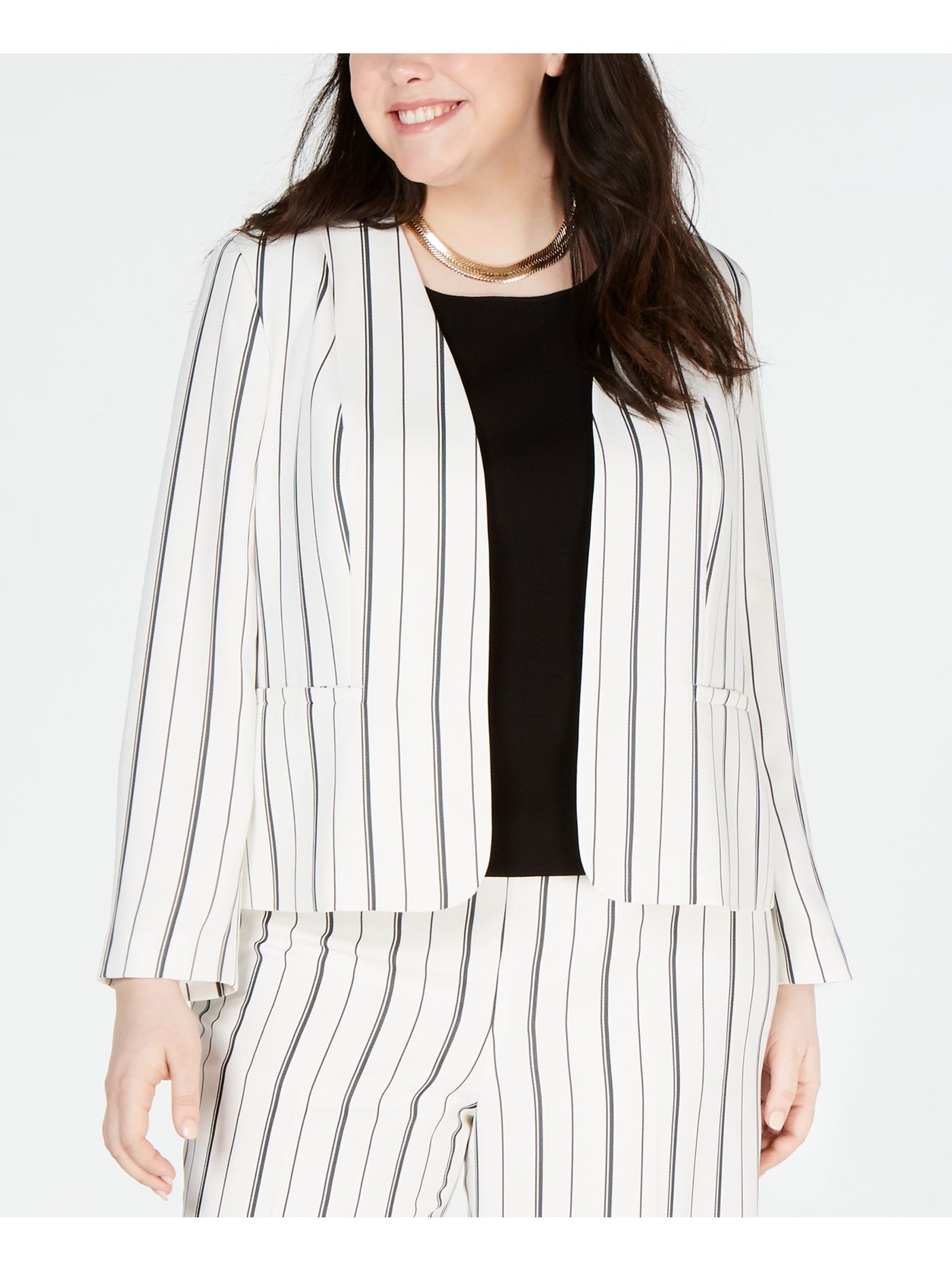BAR III Womens White Striped Suit Jacket Plus Size: 1X
