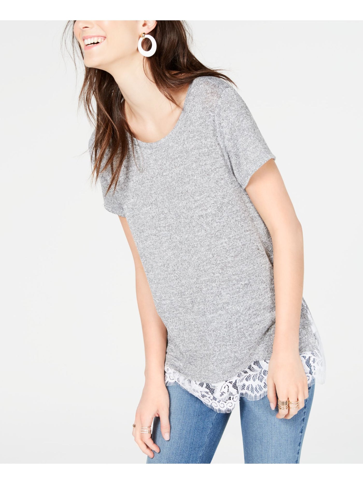 INC Womens Gray Lace Short Sleeve Scoop Neck T-Shirt Size: S