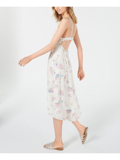 LEYDEN Womens Ivory Floral Spaghetti Strap Midi Pleated Dress Juniors Size: M