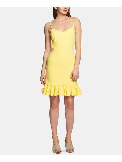 1. STATE Womens Yellow Ruffled Spaghetti Strap V Neck Short Body Con Dress 8