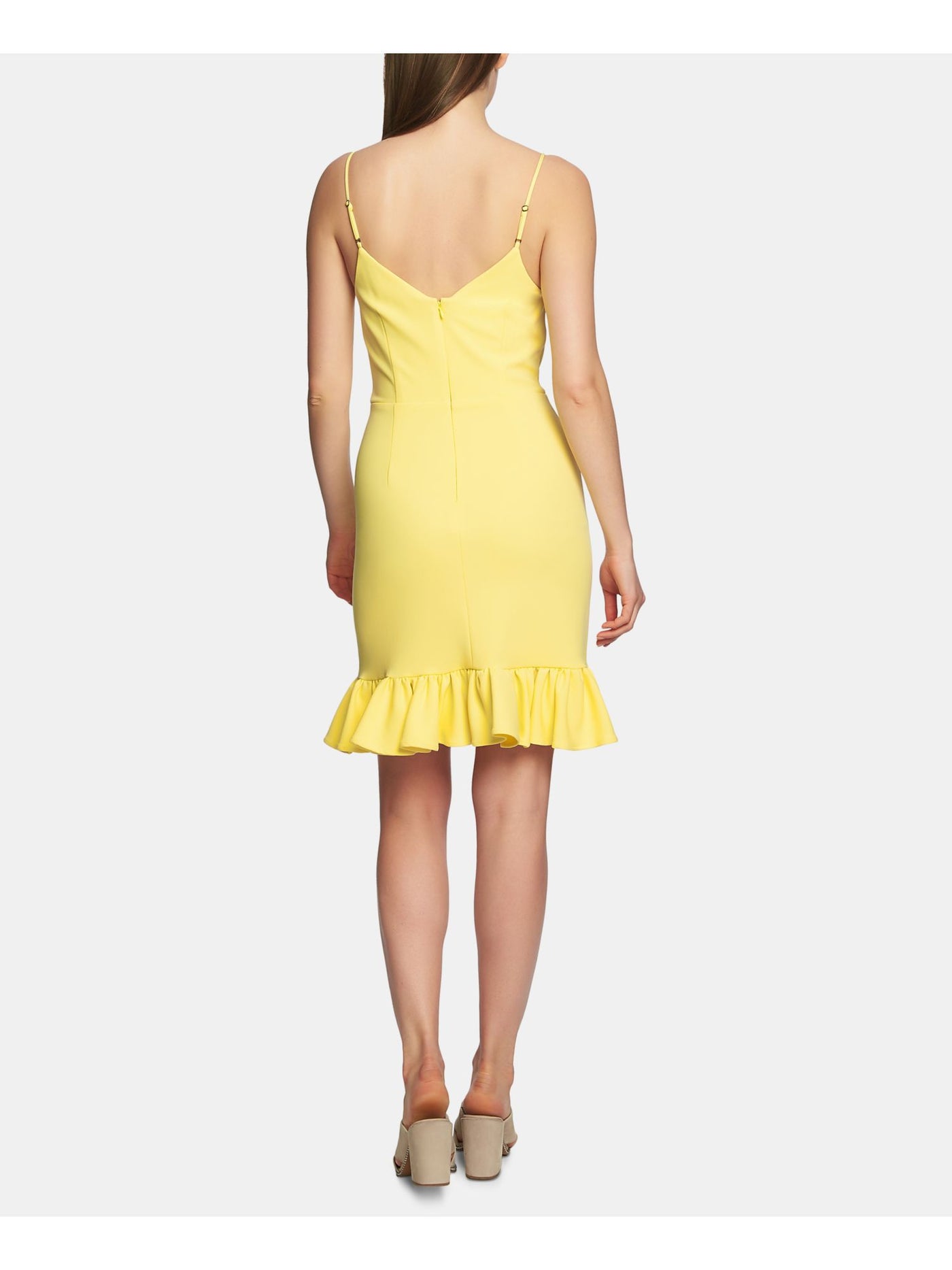1. STATE Womens Yellow Ruffled Spaghetti Strap V Neck Short Body Con Dress 8