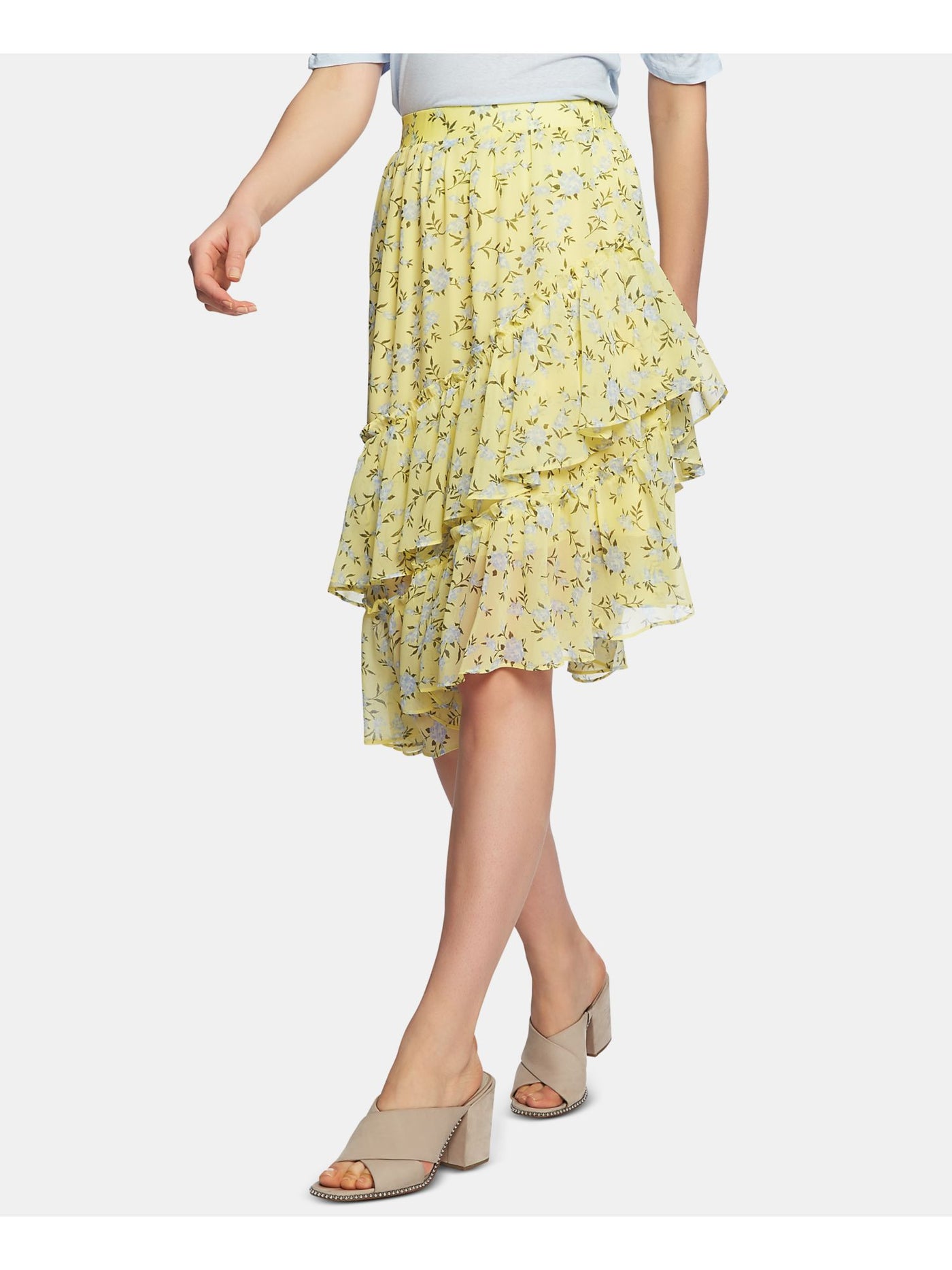 1. STATE Womens Yellow Floral Midi Ruffled Skirt Size: 8