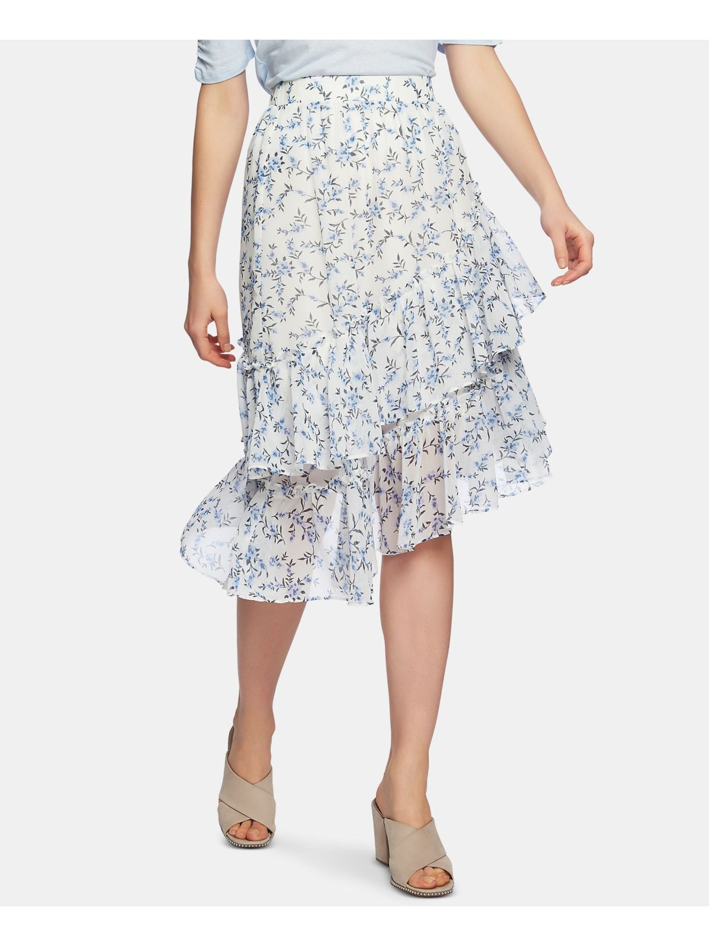 1. STATE Womens White Ruffled Sheer Floral Knee Length A-Line Skirt 2