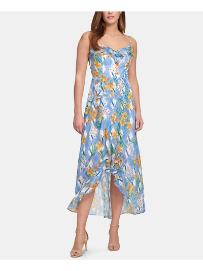KENSIE DRESSES Womens Blue Ruffled Printed Spaghetti Strap V Neck Tea-Length Hi-Lo Dress 16