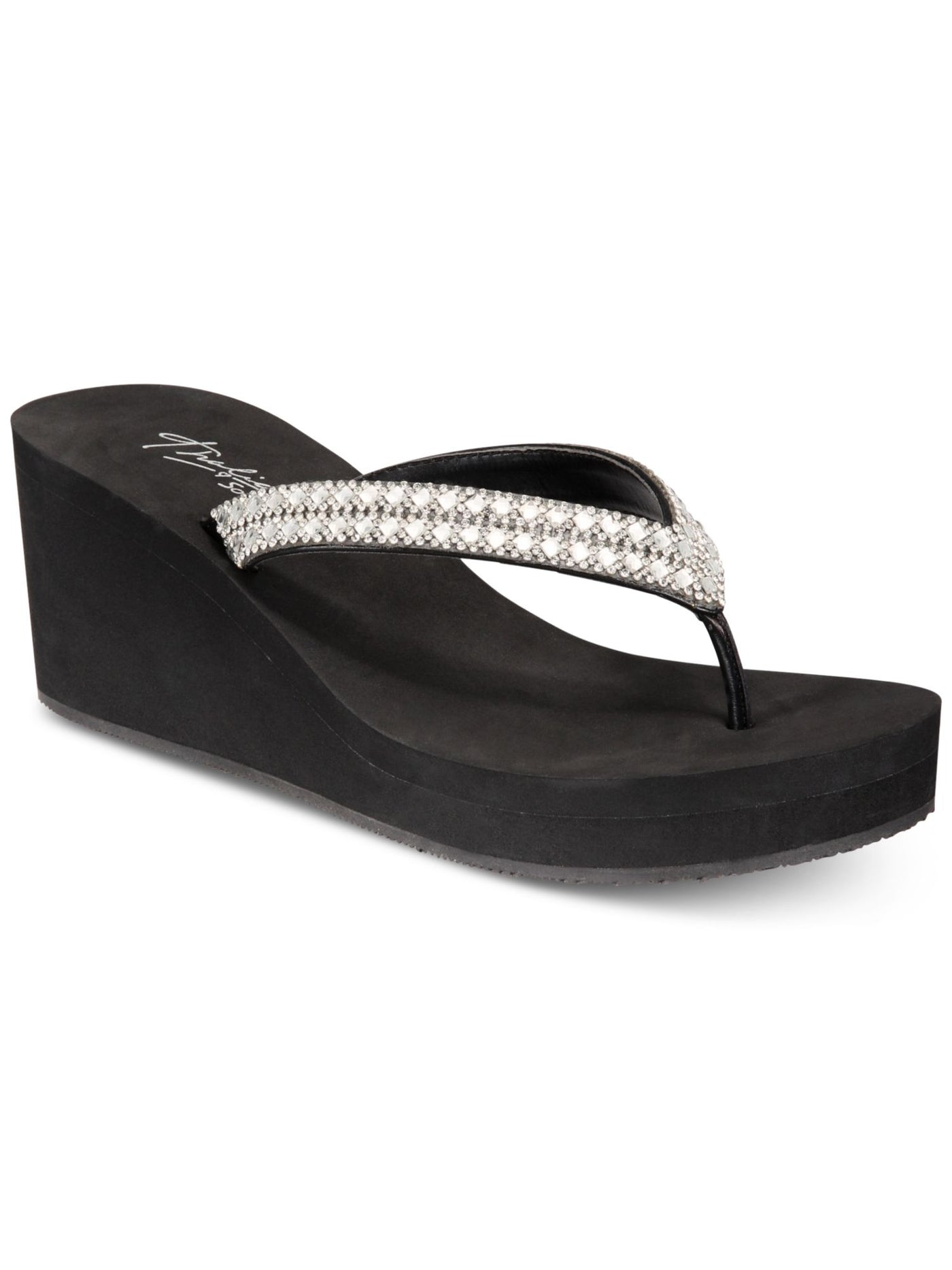 THALIA SODI Womens Black Rhinestone Embellishment Comfort Emira Round Toe Wedge Slip On Flip Flop Sandal 11 M