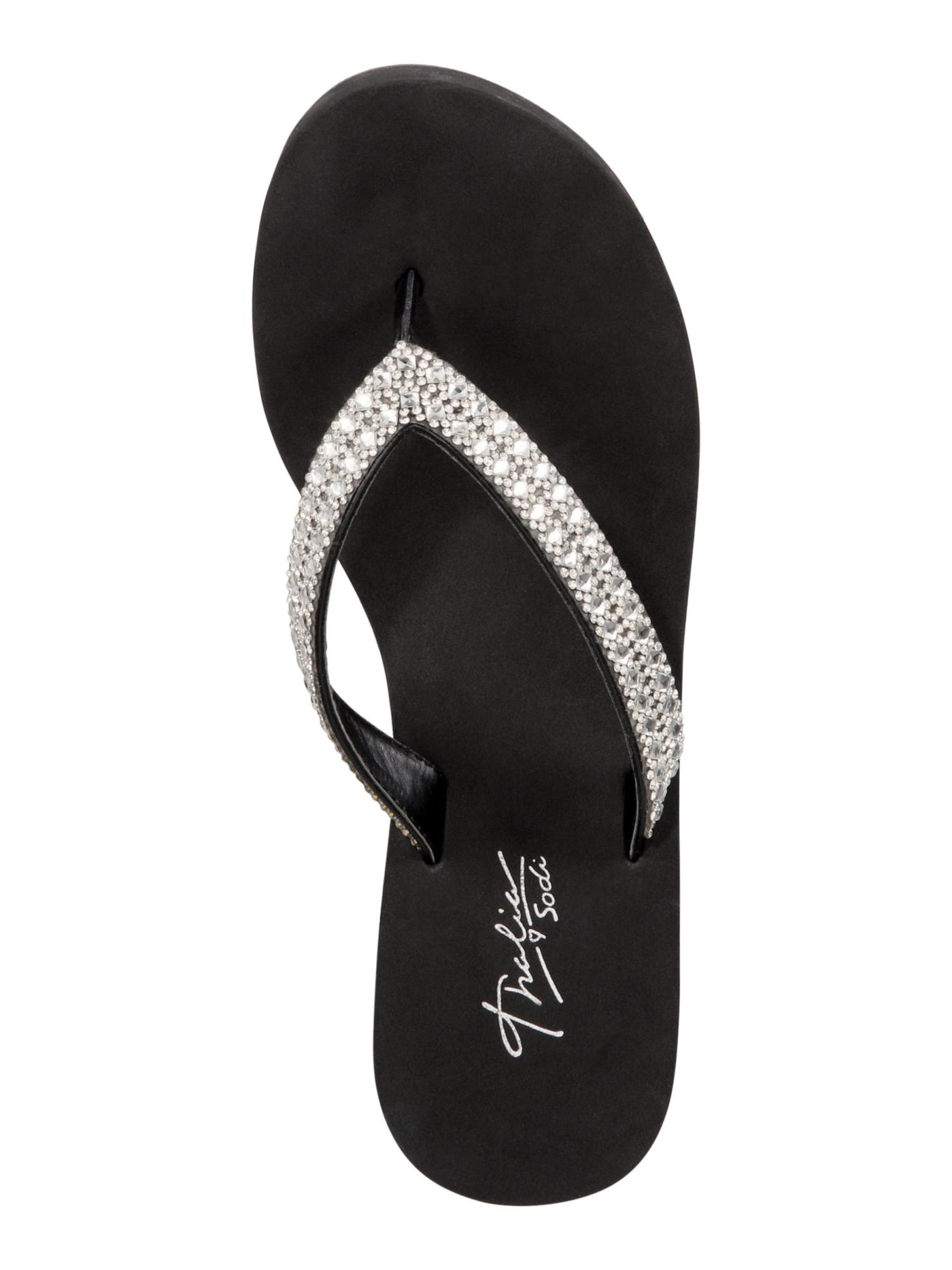THALIA SODI Womens Black Rhinestone Embellishment Comfort Emira Round Toe Wedge Slip On Flip Flop Sandal 11 M