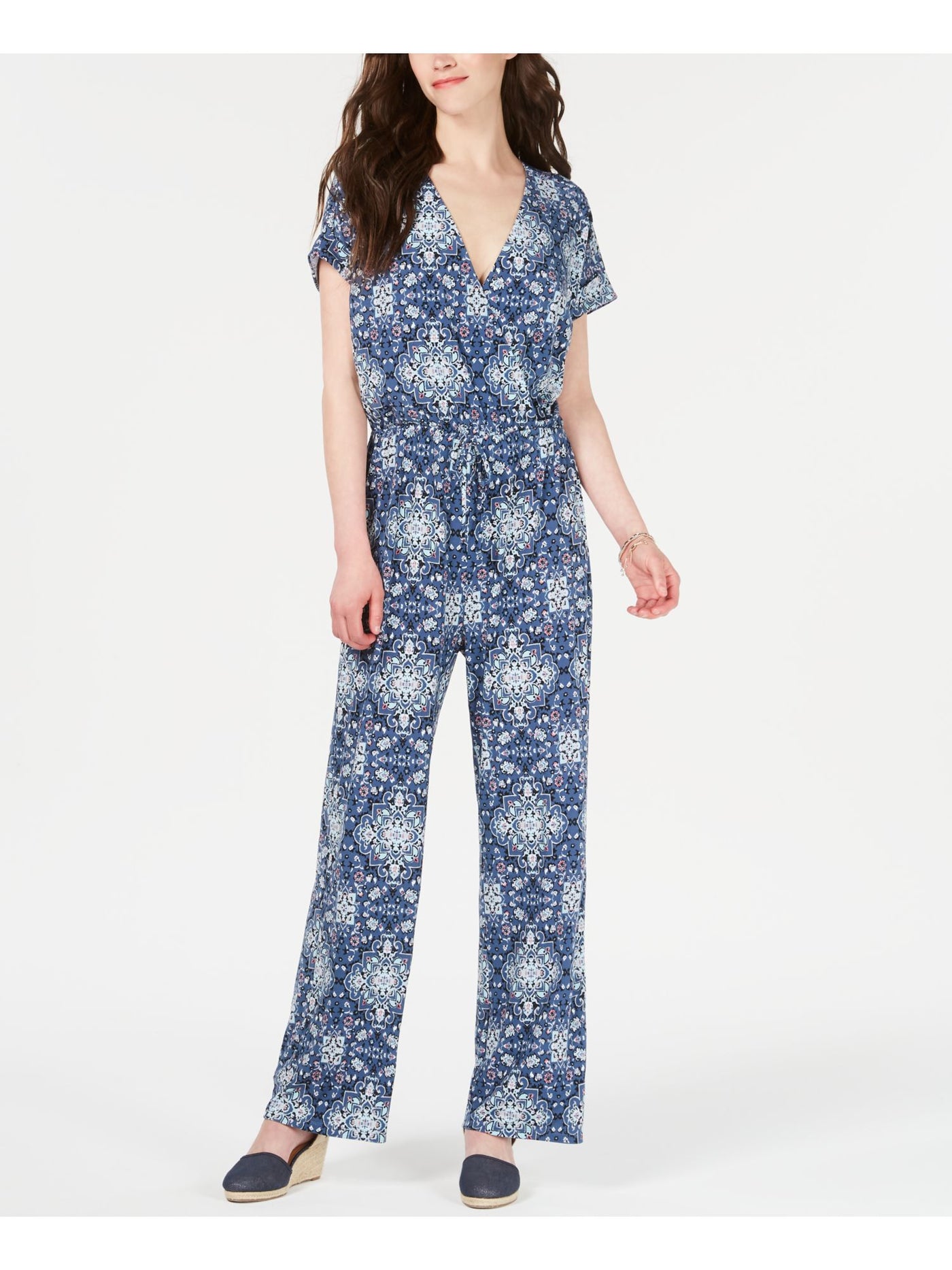 STYLE & COMPANY Womens Blue Knit Ruched Tie Waist Printed Short Sleeve V Neck Jumpsuit XL