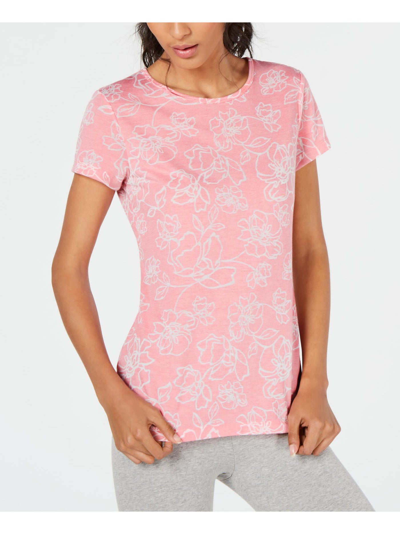 IDEOLOGY Womens Pink Floral Short Sleeve Jewel Neck T-Shirt S