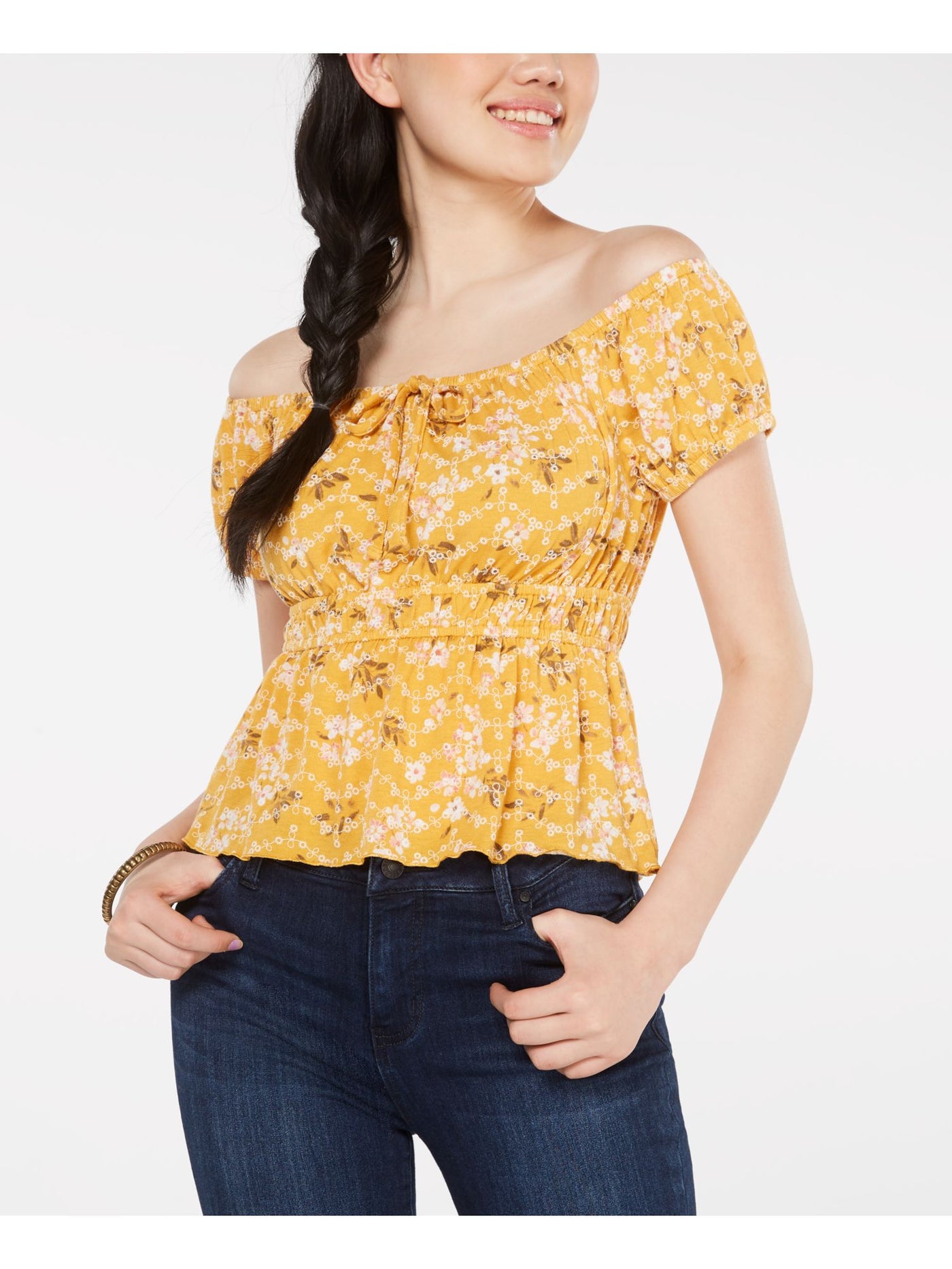 FRESHMAN FOREVER Womens Yellow Fitted Tie Floral Short Sleeve Off Shoulder Blouse Juniors M