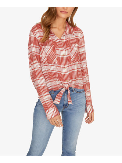SANCTUARY Womens Red Plaid Long Sleeve Collared Button Up Top Size: XS