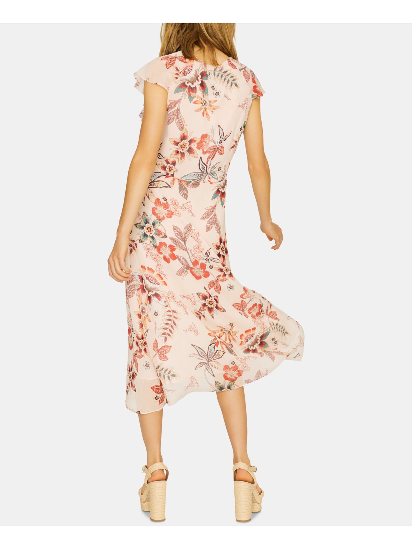 SANCTUARY Womens Beige Floral Sleeveless V Neck Tea-Length Fit + Flare Dress Juniors 0
