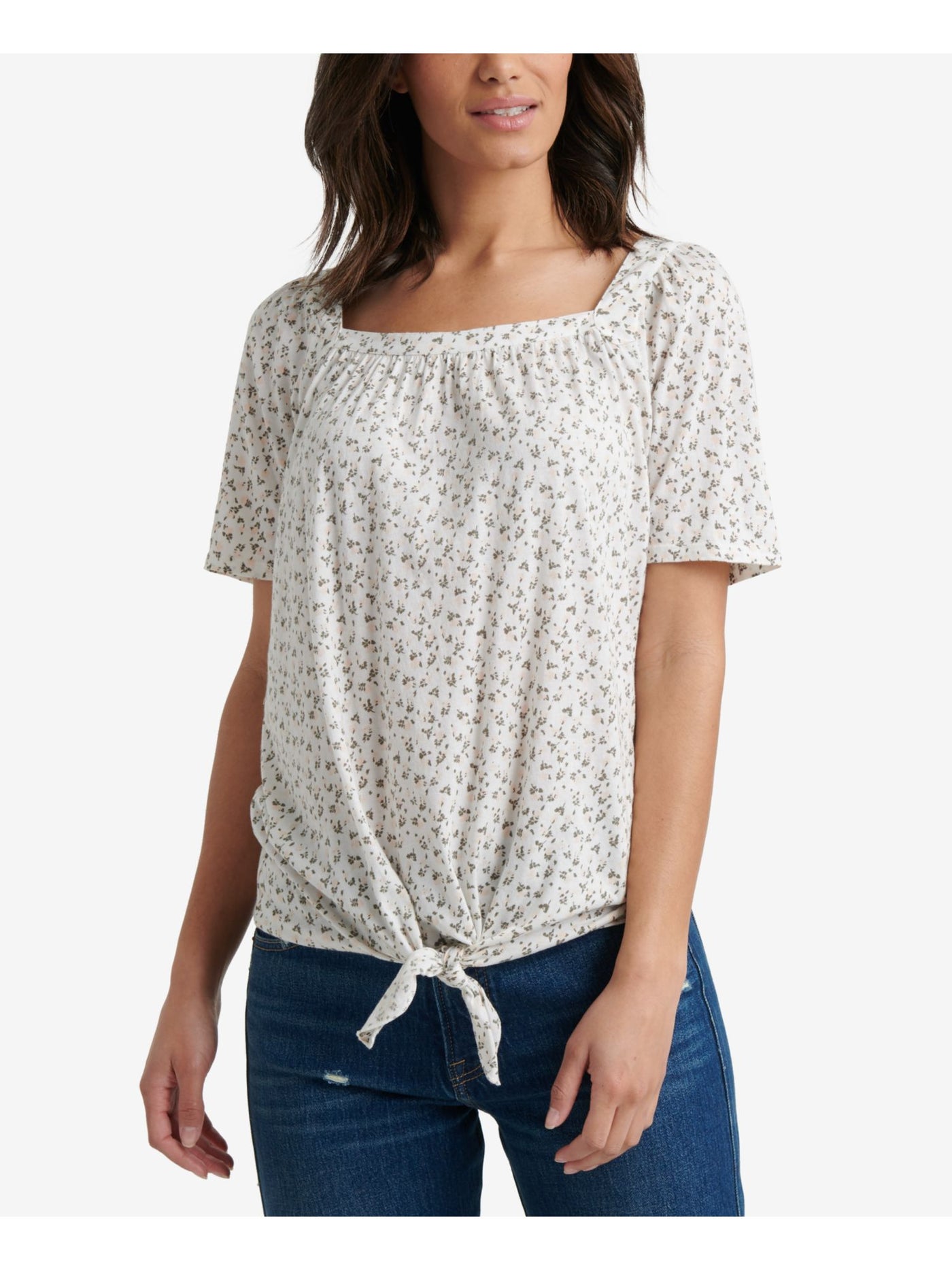 LUCKY BRAND Womens Ivory Printed Short Sleeve Square Neck Top Size: XS