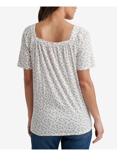 LUCKY BRAND Womens Ivory Printed Short Sleeve Square Neck Top Size: XS