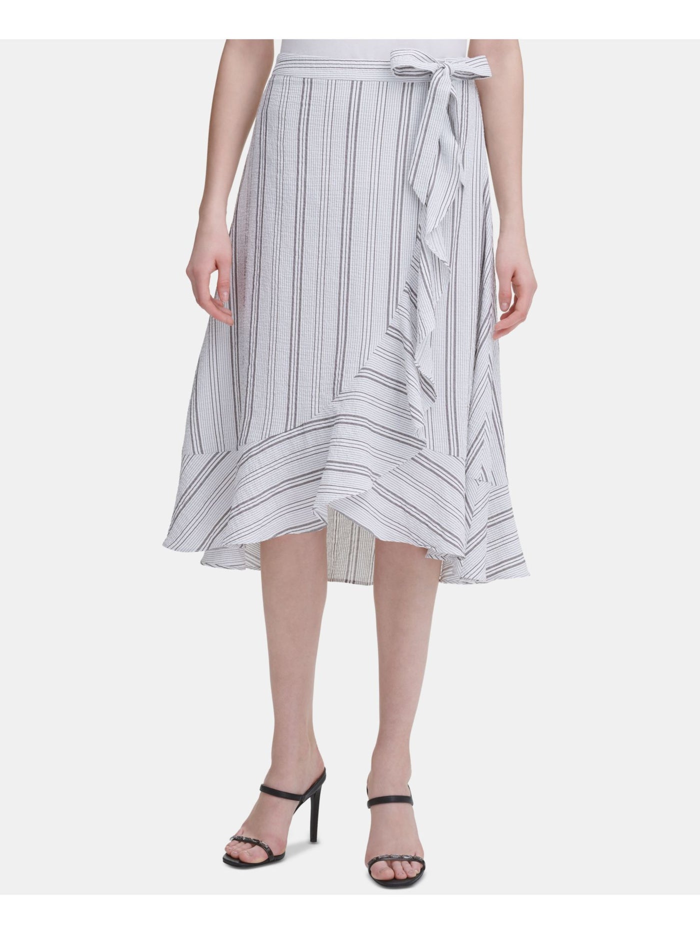 CALVIN KLEIN Womens White Ruffled Striped Midi Hi-Lo Skirt 14